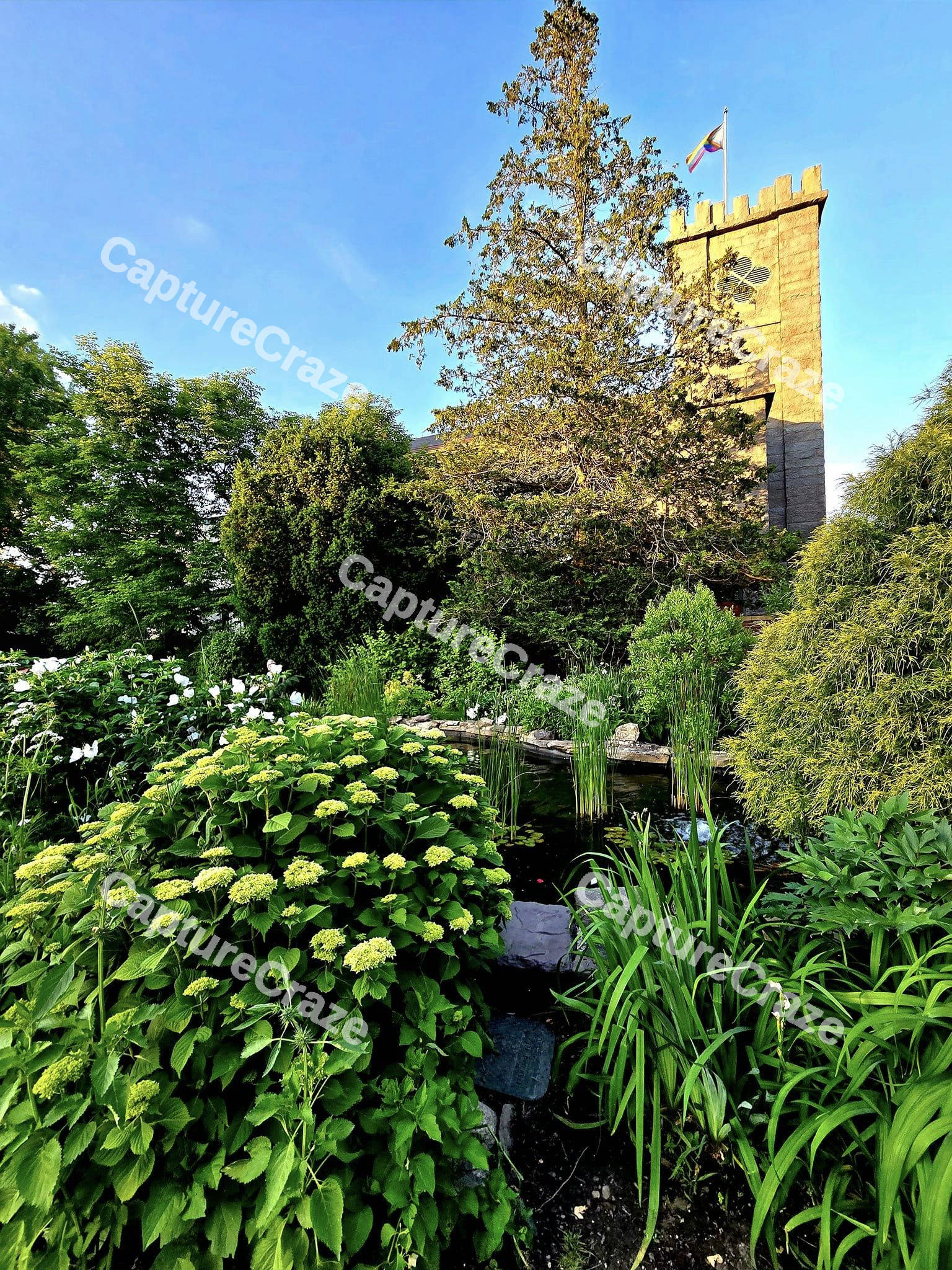 A garden view of a Castle tower